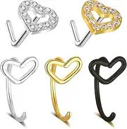 [FLOGWE] 5Pcs 20G Heart Nose Ring Hoop Surgical Steel Nose Studs Rings Nose Hoop For Women Men 316L Nostril Hoop Piercing Jewelry