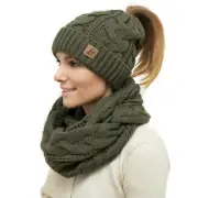 Women Hat and Scarf Set High Bun Ponytail Stretchy Knit Beanie Hat