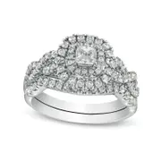 1.0 CT. T.W. Princess-Cut Natural Diamond Double Frame Twist Shank Bridal Engagement Ring Set in Solid 14K White Gold