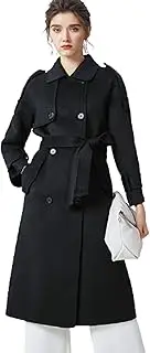 [XMZFQ] Women's Wool Trench Coat Classic Lapel Double Breasted Cashmere Pea Coats Autumn Winter Lightweight Warm Mid-Long Woolen Overcoat Cardigan Jackets Outwear with Belt,Black,M