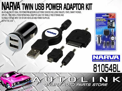 NARVA 81054BL TWIN USB POWER ADAPTOR ALL IN ONE KIT FOR SMART PHONE TABLET IPOD