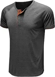 [Aosufei] Men's Short Sleeves Button T-Shirt Slim Casual Collared Color T-Shirt Crew Neck Comfort Workout T-Shirt