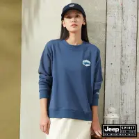 在飛比找Yahoo奇摩購物中心優惠-JEEP 女裝 山岳圖騰貼布繡刷毛大學T-藍色