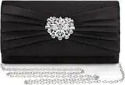 [Mulian LilY] Evening Bags For Women Pleated Satin Rhinestone Brooch Prom Clutch Purse With Detachable Chain Strap