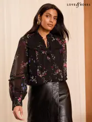 Love & Roses Black Floral Petite Printed Ruffle Button Through Long Sleeve Blouse (AD7532) | $74
