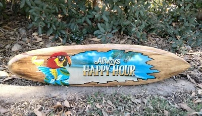 Parrot Head Tropical Happy Hour Airbrushed Wood Tiki Bar Surfboard Plaque 39"
