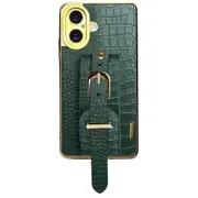 For iPhone 16 Plus Case Wristband Kickstand Crocodile Texture Leather+TPU Electroplating Phone Cover