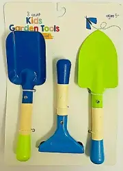 3 COUNT KIDS GARDEN TOOLS SPADE RAKE SHOVEL BLUE GREEN AGES 5+