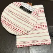 Nicole Miller 2-Piece Potholder Oven Mitt Set Embroidered Ecru Red Christmas