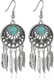 [AIMALL] Bohemian Turquoise Dream Catcher Earrings - Bronze Carved Geometric Feather Tassel Jewelry