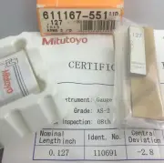MITUTOYO 611167 Rectangular Gage Block 0.127" AS-2 ASME CertificateMachinist