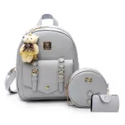 Mini Leather Backpack Purse 3-Pieces Fashion Flower Zipper Daypacks for Girls and Women-Grey
