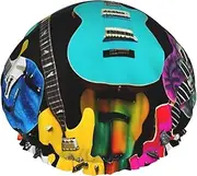 Colorful Guitars Print Shower Cap For Women Men Reusable Lightweight Soft Bath Hair Cap With Elastic Band