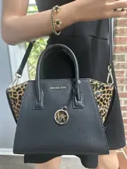 New Michael Kors Avril Small Satchel Black Leather And Leopard Print Bag $558