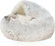 Cat Bed Round Soft Plush Burrowing Cave Hooded Cat Bed Donut for Dogs & Cats, Faux Fur Cuddler Round Comfortable Self Warming pet Bed, Machine Washable, Waterproof Bottom