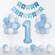 Baby Blue White Balloons And 40inch 1 Balloon, First Birthday Decorations For boy With blue White Confetti Balloons, Happy Birthday Banner Large 1 Balloon For Baby Boys Birthday Party Decorations