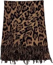 [Secret for Longevity] Extra Large Long Black Brown Tan Camel Caramel Ocelot Leopard Cheetah Animal Print Scarf Wrap Shawl Pashmina Medium Weight Cashmere Feel 28" x 70" inches, Multicolor