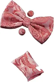 [Zasel] Mens Watermelon Pink Paisley Matching Bow Tie, Pocket Square & Cuff Links Set