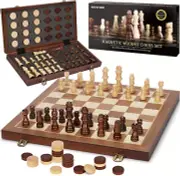 2 in 1 Magnetic Wooden Chess and Checkers Board Game Set, 15" Folding Chess Boar