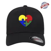 Autism Awareness Heart Puzzle Embroidered Flexfit Fitted Ball Cap Black Grey