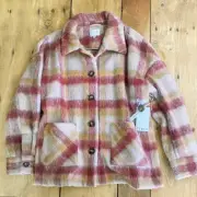 Cyrus Brushed Plaid Button Jacket Shacket Camel Burgundy NWT Statement Maker