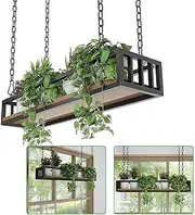 Flower Pot Rack Ceiling Plant Shelf, Wrought Iron + Solid Wood Bar Restaurant Ceiling Installation Storage Rack/Hanging Decor Flower Stand(60x25x15cm)