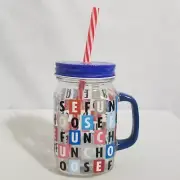 Carnival Cruise Line CCL Mason Jar Drinking Glass With Handle, Lid & Straw -New