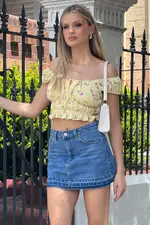 Yellow Ditsy Crop Top Short Sleeve - Size 16, Women's Crop Top