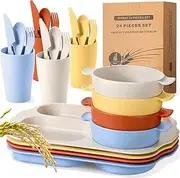 24 Pcs Wheat Straw Dinnerware Cutlery Set for Kids Toddler Aldult Including Divided Plates Microwave Dishwasher Safe Bowl Unbreakable Tableware Straw Cutlery Spoon Knife Fork(Mixed Color)