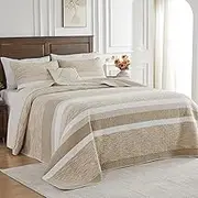 FineStichery 100% Cotton Oversized King Quilt Bedspread Coverlet, 128"x120" Extra Large Quilt Set with 2 Pillow Cases, Brown Striped Patchwork, Lightweight Yarn Dyed Bedding Set, Brown/Beige/White