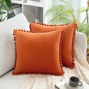 2x Square Throw Pillow with Cute Pom-poms for Couch Sofa Bedroom Decor (Inserts + Pillow Covers, Orange)