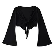 Bell-Sleeve Tie-Front Crop Top Black - One Size