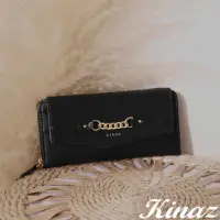 在飛比找momo購物網優惠-【KINAZ】金色鍊飾ㄇ型拉鍊三層真皮掀蓋長夾-醇黑鬆塔-洛