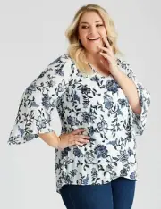 Autograph Top Plus Size 26 Tunic Shirt 3/4 Bell Sleeve Blue White Viscose NEW