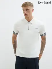 River Island White Slim Fit Tipped Embroidered Polo Shirt (W49195) | $42