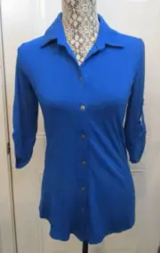 NWT Pure Amici Blouse Womens Bamboo Royal Blue Button Front Shirt Roll Tab XS
