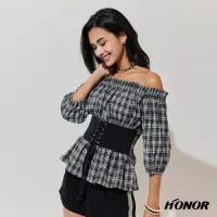 在飛比找momo購物網優惠-【HONOR 山形屋】平口束腰格紋上衣(MOMO獨家限定)