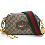 【GUCCI 古馳】476466 經典GG SUPREME帆布印花雙色織帶相機斜揹包(棕色)