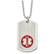 Stainless Steel Chisel Brushed And Polished With Red Enamel Medical Id Dog Tag On A 22 Inch Ball Chain Necklace
