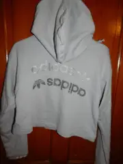 Adidas Women's Cropped Hoodie Glory Gray Spellout three stripes NWT Small