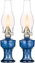 2 Pcs Chamber Oil Lamps for Indoor Vintage Kerosene Lamp Rustic Hurricane Kerosene Lantern with Adjustable Fire Wick Lighting Oil Lantern for Tabletop Decor and Emergency Lighting, 13'' High (Blue)