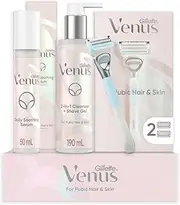 Gillette Venus for Pubic Hair and Skin, 1 Razor Handle + 2 Blade Refills, 2-in-1 Cleanser + Shave Gel and Daily Soothing Serum