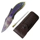 TheBoneEdge 7" Multi Color Damascus Blade Folding Knife With Pouch