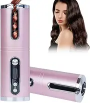 Cordless Automatic Hair Curler,USB Rechargeable Travel Curling Iron Auto Curling Iron with LCD Temperature Display and Timer,Pink