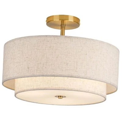 16" Double Drum 3-Light Semi Flush Mount Ceiling Light, Classic Fabric Gold
