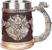 Viking Wooden Barrel Mug Tankard Creative Odin Hand-painted Resin Beer Stein 304 SS Liner Wine Goblet Coffee Mug Gift Home Decor Capacity 16.91 OZ (Gold)