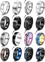 [CASSIECA] 16 Pcs Silver Black Rings for Men Stainless Steel Spinner Fidget Rings Matte Finish Polished Band Rings Chain Celtic Bottle Open Rings Wedding Engagement Promise Rings Size L1/2-Z1/2