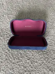 Gucci Eye Glasses Case Blue Velvet Hinged Clamshell Burgandy Lined