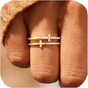 [FLYYQMIAO] Double Cross Ring 18k Gold Plated 925 Sterling Silver Cubic Zirconia Simple Plain Stackable Statement Promise Rings Inspiration Christian Ring Faith Hope Love Cross Religious Ring Gift
