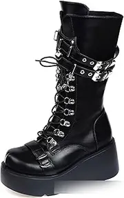 [LeaHy] Women's Lace-Up Combat Boot Platforms Wedge Goth Punk Side Zipper Combat Military Ankle Boots